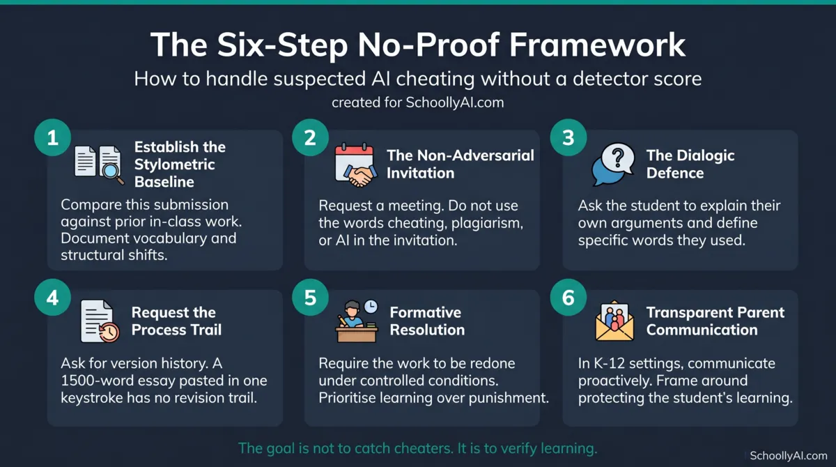 Six-step no-proof AI cheating framework for teachers: stylometric baseline, non-adversarial invitation, dialogic defence, process trail, formative resolution, parent communication