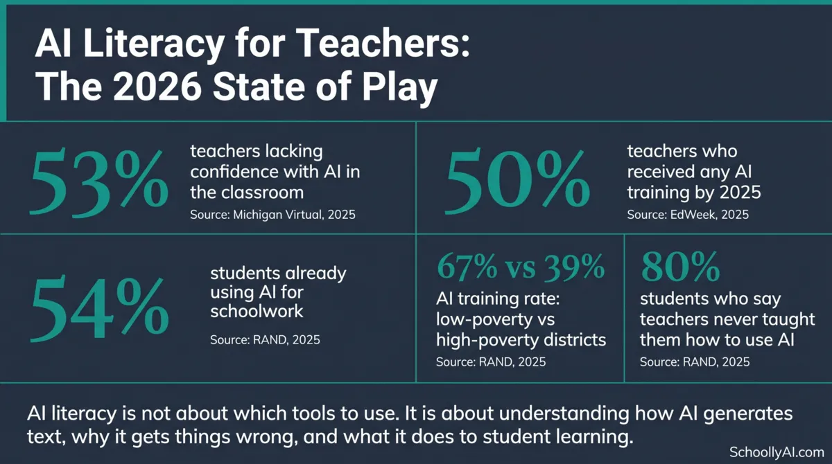 AI literacy for teachers statistics 2026: training gaps, confidence gaps, equity gaps