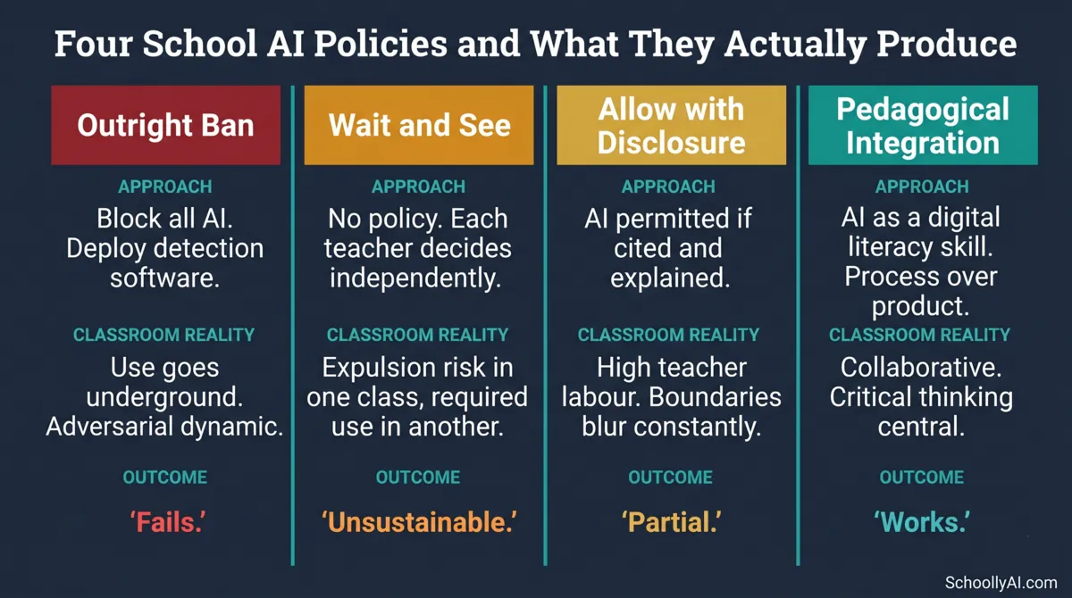 Four school AI policy approaches in 2026: outright ban, wait and see, allow with disclosure, and pedagogical integration — what schools are getting wrong about AI policy