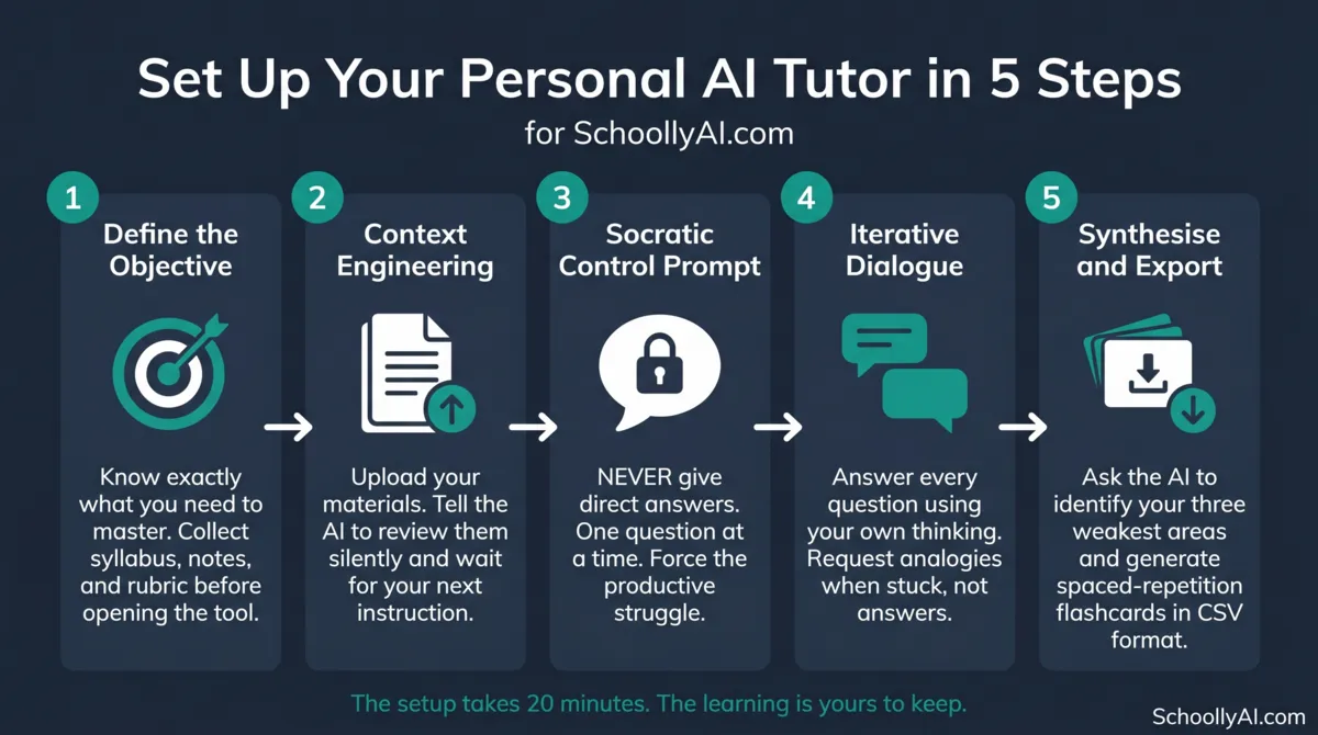 Five-step personal AI tutor setup framework: define objective, context engineering, Socratic prompt, iterative dialogue, synthesise and export
