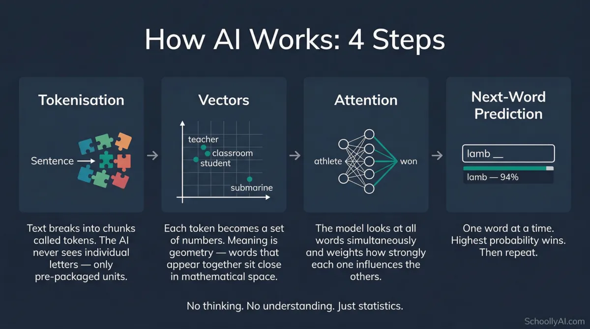How AI works in four steps: tokenisation, vectors, attention mechanism, and next-word prediction — how does ai work teachers