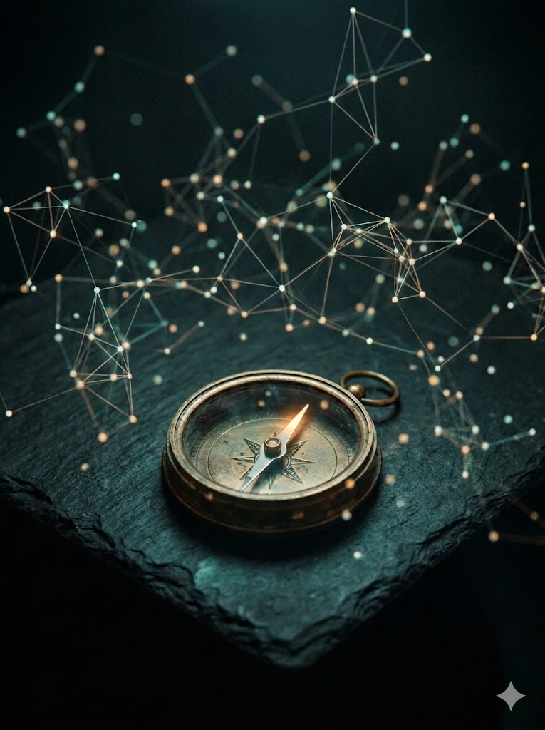 Finding direction in AI education, compass surrounded by data network